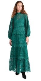 FARM Rio Dark Green Guipure Long Sleeve Maxi Dress Green XL at Shopbop