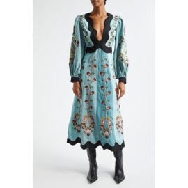 FARM Rio Floral Embroidered Long Sleeve Cutout Linen Midi Dress at Nordstrom