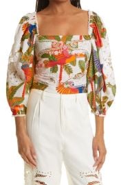 FARM Rio Forest Birds Smocked Embroidered Blouse in Off-White Size Medium at Nordstrom