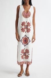 FARM Rio Mary\'s Tiles Embroidered Detail Linen Dress at Nordstrom