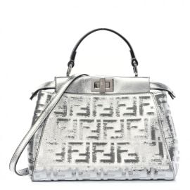 FENDI Vitello Catalan Mirror Sequin FF 1974 Embroidered Mini Peekaboo Iconic Satchel Argento 889452 FASHIONPHILE at Fashionphile