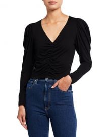 FRAME Agnes V-Neck Puff-Sleeve Jersey Top at Neiman Marcus