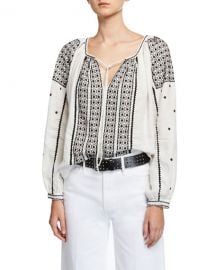 FRAME Anita Embroidered Linen Peasant Top at Neiman Marcus