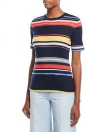 FRAME Crewneck Short-Sleeve Striped Rib-Knit Top at Neiman Marcus