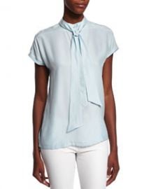 FRAME DENIM Short-Sleeve Tie-Neck Striped Top Sky Blue at Neiman Marcus