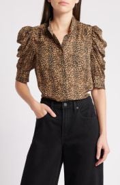 FRAME Gillian Leopard Print Puff Sleeve Silk Top at Nordstrom
