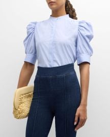 FRAME Pinstripe Ruched Puff-Sleeve Shirt at Neiman Marcus