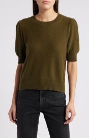 FRAME Puff Sleeve Pointelle Cashmere Sweater in Military Green at Nordstrom Rack at Nordstrom Rack