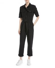 FRAME Short-Sleeve Button-Down Belted Straight-Leg Cotton-Linen at Neiman Marcus