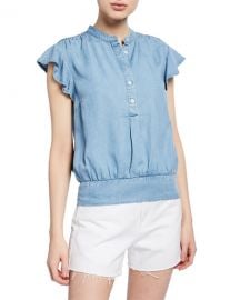 FRAME Smocked Flounce Button-Front Popover Blouse at Neiman Marcus