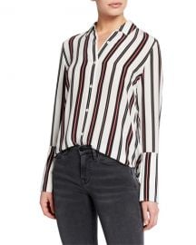 FRAME Striped Button-Front Cuffed Silk Blouse at Neiman Marcus