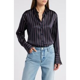 FRAME The Standard Stripe Stretch Silk Button-Up Shirt in Navy Multi Stripe at Nordstrom Rack at Nordstrom Rack