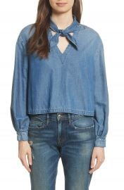 FRAME Tie Neck Denim Blouse at Nordstrom