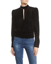 FRAME Velvet High-Neck Striped Long-Sleeve Party Top at Neiman Marcus