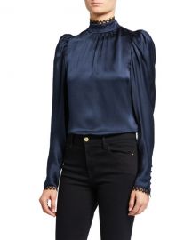 FRAMELace-Trim Silk High-Neck Top at Neiman Marcus