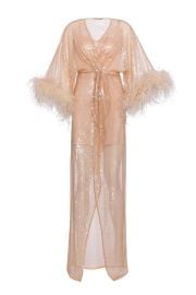 FRESIA BEIGE FEATHER-TRIMMED KIMONO MAXI DRESS CULT MIA Nana Gotti at Cult Mia