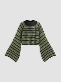 Fall Sweater Knit Fabric Round Neckline Striped Knitted Long Sleeve Crop Top For School Daily Casual Picnic Outdoor at Cider