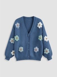 Fall Sweater Knit Fabric V-neck 3D Flower Knitted Cardigan Curve amp Plus For School Daily Casual Picnic Vacation at Cider