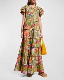 Farm Rio Macaw Leaves Flutter-Sleeve Tiered Maxi Dress at Neiman Marcus