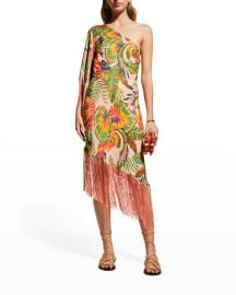 Farm Rio Macaw Leaves One Shoulder Fringe Midi Dress at Neiman Marcus