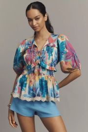 Farm Rio X Anthropologie Puff Sleeve Tie Front Blouse at Anthropologie