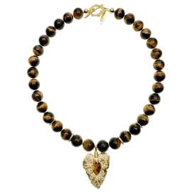 Farra Tiger Eye Stone With Leaf Pendant Chunky Necklace at Wolf & Badger