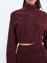 Farryn Mahogany Vegan Suede Cropped Bomber Jacket at Miss Circle