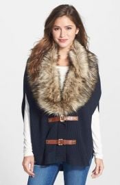 Faux Fur Trim Buckle Poncho at Nordstrom