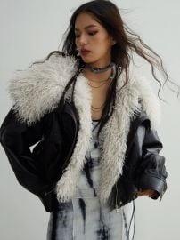 Faux Leather Jacket With Detachable Oversized Fur Collar at Chiclara