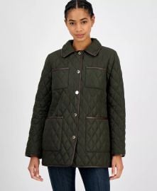 Faux-Leather-Trim Quilted Coat at Macys