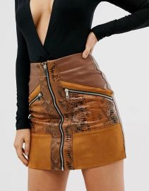 Faux Leather Zip Through Mini Skirt in Tan Snake Print by River Island at Asos