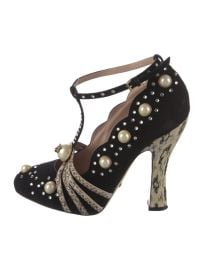 Faux Pearl Accents Suede T-Strap Pumps at The Real Real