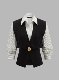 Faux Two‑Piece Striped Collar Knit Top at Commense