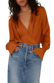 Favorite Daughter Surplice Long Sleeve Satin Bodysuit at Nordstrom