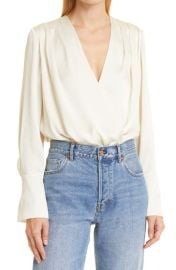 Favorite Daughter Surplice Long Sleeve Satin Bodysuit in Navy at Nordstrom