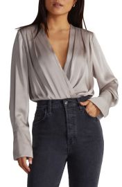 Favorite Daughter Surplice Long Sleeve Satin Bodysuit in Navy at Nordstrom