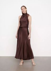 Feather-Embellished Drape-Neck Halter Dress in Dresses at Vince