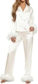 Feather Pajamas for Women Long Sleeves Button Down Shirt Lounge Pants Set Satin Silky Bridal Pjs at Amazon