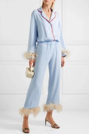 Feather Trim Crepe de Chine Pajama Set by Sleeper at Net a Porter