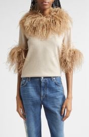 Feather Trim Short Sleeve Cashmere Sweater at Nordstrom