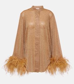 Feather-trimmed long shirt in brown - Oseree at Mytheresa