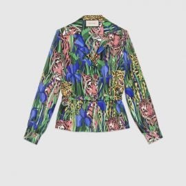 Feline Garden Print Silk Twill Blous at Gucci