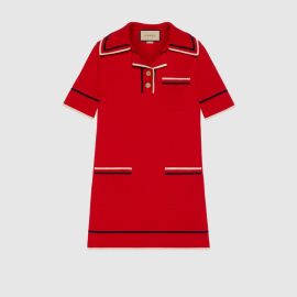 Fine cotton knit polo dress in red US at Gucci