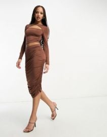 Fire Glory christine ruched midi skirt in brown at ASOS