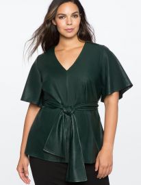 Flare Sleeve Tie Waist Faux Leather Top at Eloquii