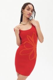 Flat White Sleeveless Square Neck Flower Printed Knit Mini Dress at Anthropologie
