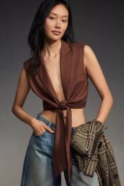 Flat White Tie Front Crop Linen Tank at Anthropologie