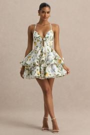 Flavia Lemon Floral Print Plunge-Neck Ruffled Skater Micro-Mini Dres Club L London - USA at Club L London