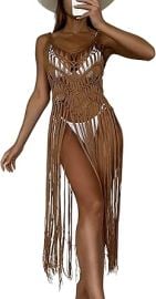 Floerns Womenx27s Sleeveless Beachwear Swimwear Fringe Trim Crochet Kimono Cover Up Mocha Brown One-Size at Womens Clothing store at Amazon