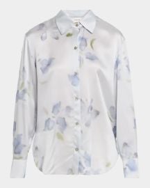 Floral Blur Silk-Satin Blouse at Neiman Marcus
